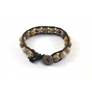 Black leather and semi precious 10mm fossil beads